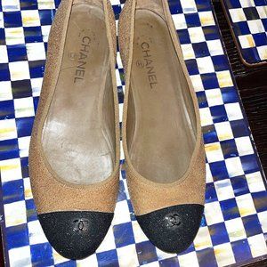 100% Authentic CHANEL Black Beige Sparkple CC Captoe Ballet Flat Shoe 41.5 11.5